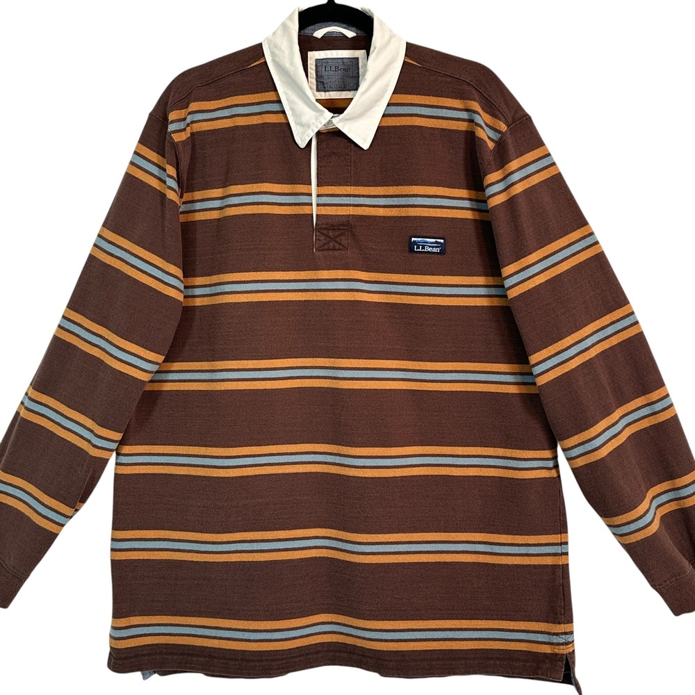 LL Bean Rugby Shirt Traditional Fit Striped Cotton Brown XL-TALL Gorpcore Prep - Picture 3 of 13